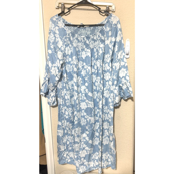 New Directions Womens Blue Floral Smocked Dress Ruffled Peasant sz L lyocell - Picture 7 of 8